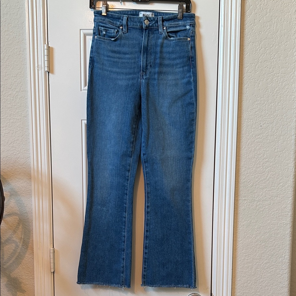 PAIGE Claudine High Rise Ankle Flare Jeans Raw Hem Sail Away Blue 28
